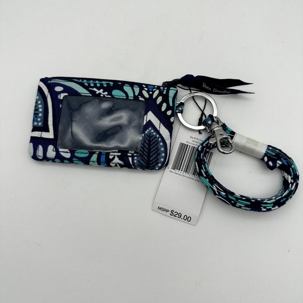 Vera Bradley Navy Teal White Patterned Wristlet ID Case with Lanyard